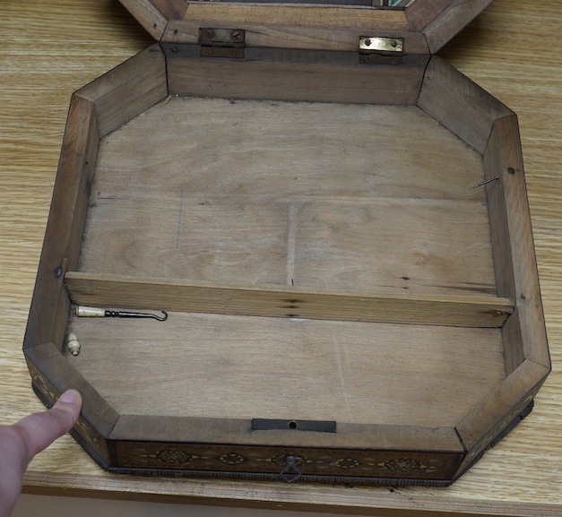 A 20th century Damascus ware heavily inlaid box, 31cm x 31cm. Condition - ball foot missing, inlay good